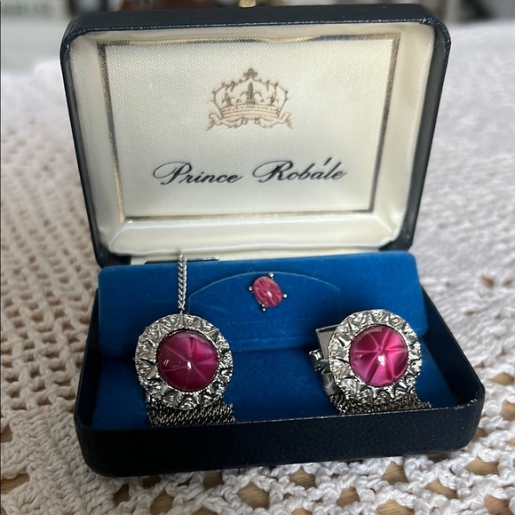 60’s PRINCE RÓBALE  mesh Pink cuff links Jewelry 3 piece Set - Picture 1 of 5